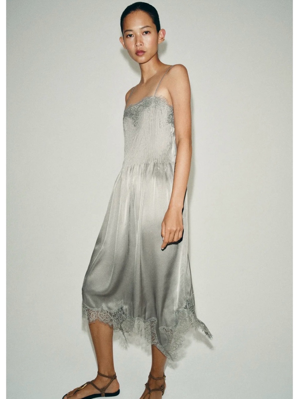Zara Silver Satin Slip Dress with Lace Trim